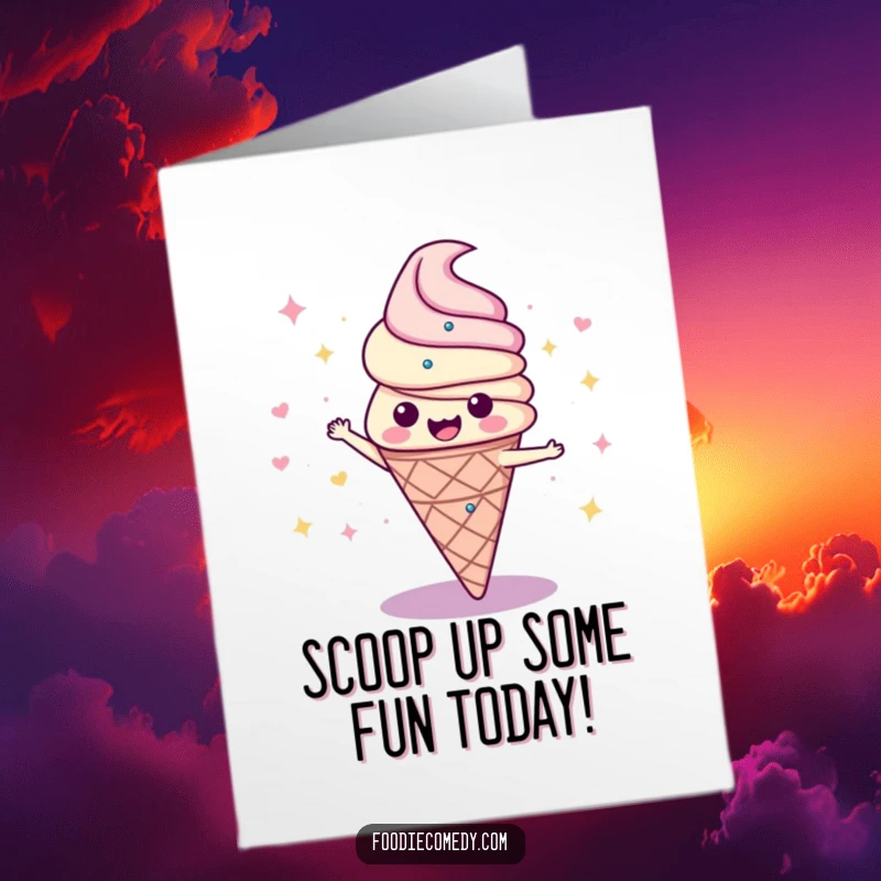 Funny Free Printable Birthday Card: Disco ice cream cone spinning joyfully, celebrating with sprinkles and a smile.