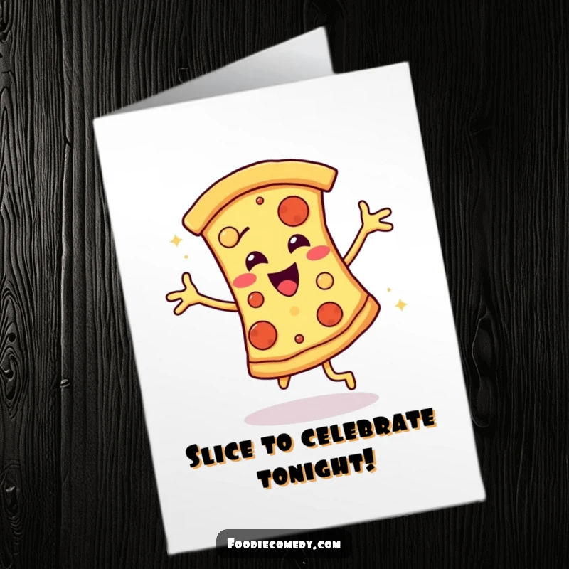 Funny Free Printable Birthday Card: Smiling pizza slice grooving to disco music, spreading joy and laughter.
