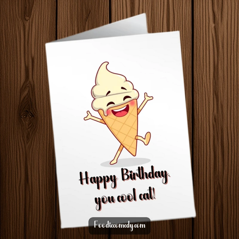 Funny Free Printable Birthday Card: A goofy ice cream cone with a cherry on top doing a breakdance move, dripping sprinkles and joy.