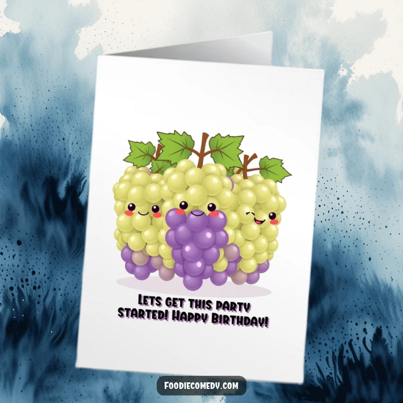 Funny Free Printable Birthday Card: A smiling bunch of grapes forming a conga line, looking cheerful and ready to party.