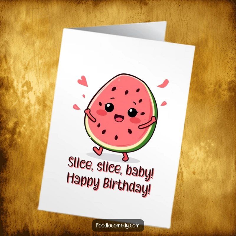 Funny Free Printable Birthday Card: A vibrant watermelon slice with sunglasses breaking it down to music, seeds bopping along.