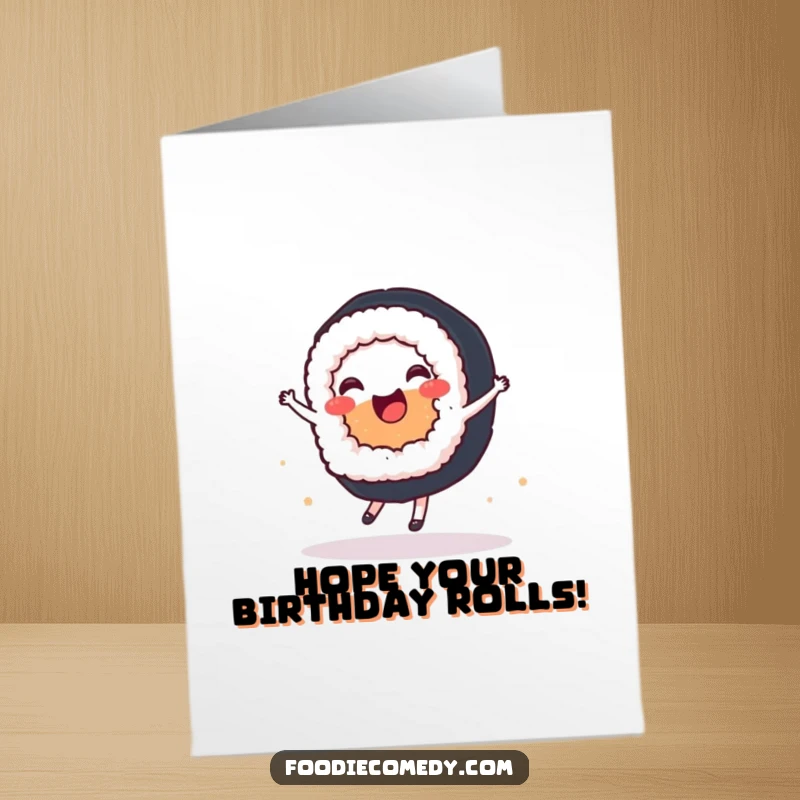 Funny Free Printable Birthday Card: A joyful sushi roll gracefully performing a ballet spin, celebrating with poise and humor.