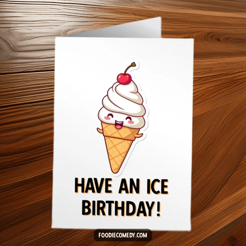 Funny Free Printable Birthday Card featuring a giggling ice cream cone with a cherry doing a joyful spin.