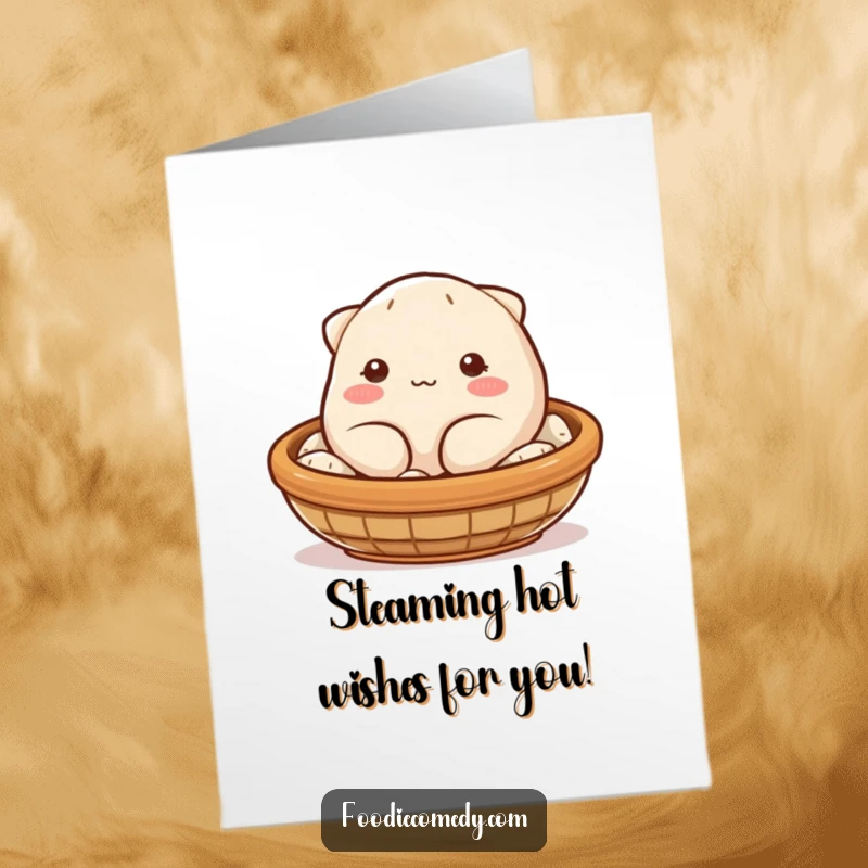 Funny Free Printable birthday card featuring a blushing, plump dumpling winking from a steaming basket.