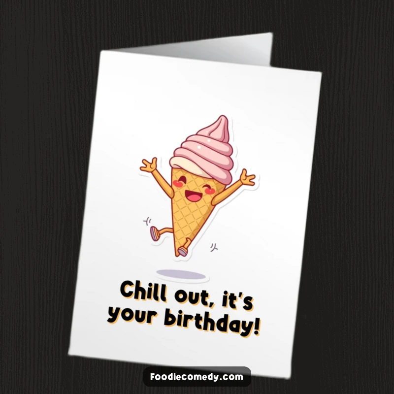 Funny Free Printable Birthday Card: Grinning ice cream cone attempting energetic cartwheels, a delightful dessert in motion, pure joy.