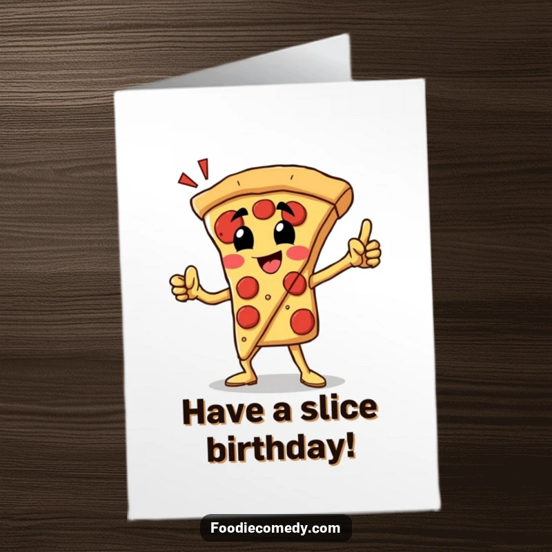 Funny Free Printable Birthday Card: A proud pizza slice stands heroically with chest puffed out.