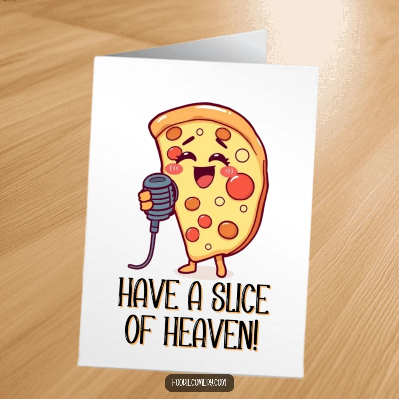 Funny Free Printable Birthday Card: A pizza slice with a microphone singing loudly with musical notes flying out.