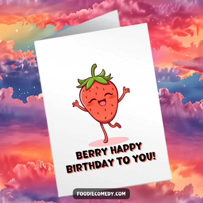 Funny Free Printable Birthday Card featuring a giggling strawberry with legs doing a lively flamenco dance.