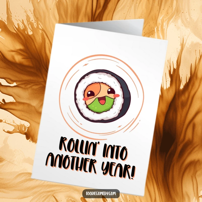 Funny Free Printable birthday card: A happy sushi roll spinning enthusiastically, wishing a fun-filled birthday.