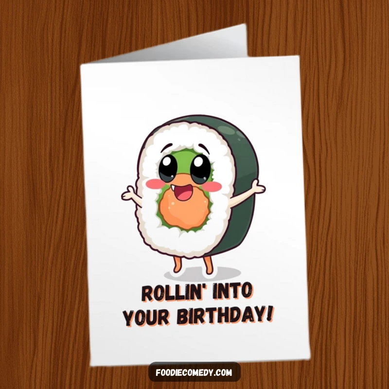 Funny free printable birthday card of a sushi roll character dancing with exaggerated happy eyes, conveying pure joy.