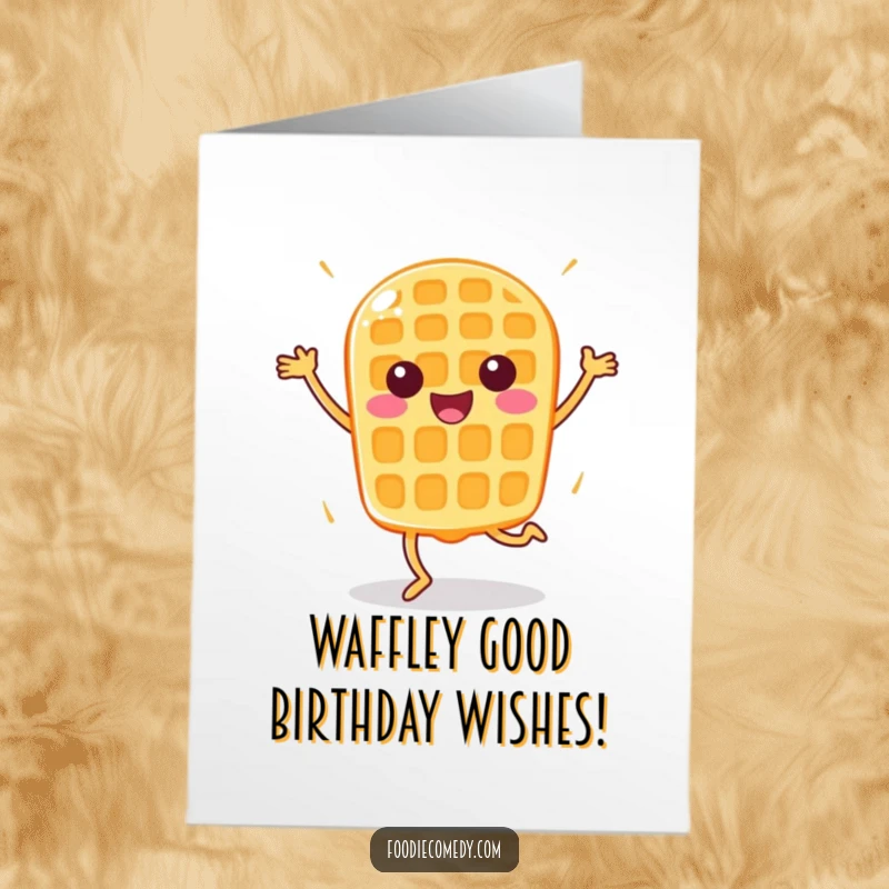 Funny Free Printable Birthday Card: Happy waffle doing a bouncy aerobic routine, a breakfast treat full of energetic moves.