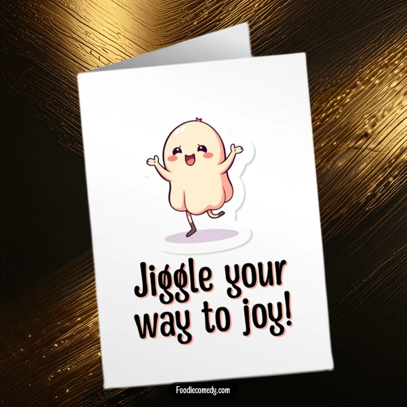Funny free printable birthday card featuring a wobbly jelly character performing an energetic and comedic spirited jig.