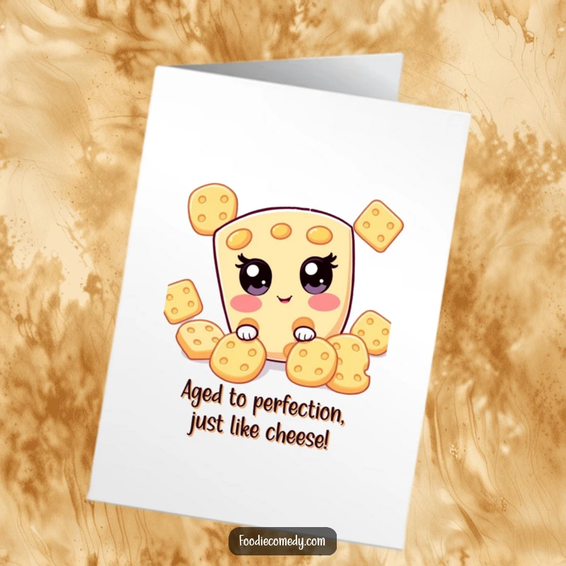 Funny Free Printable Birthday Card: Adorable kawaii cheese slice peeking shyly from behind crackers, ready for a laugh.