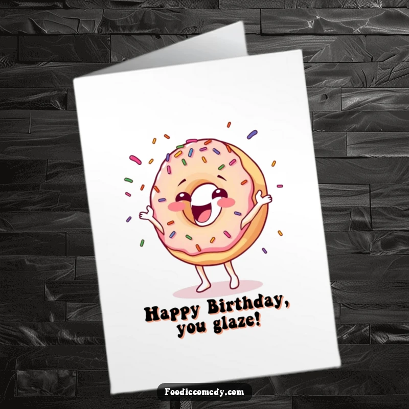 Funny Free Printable Birthday Card featuring a happy donut character joyfully juggling colorful sprinkles, spreading sweet birthday cheer.