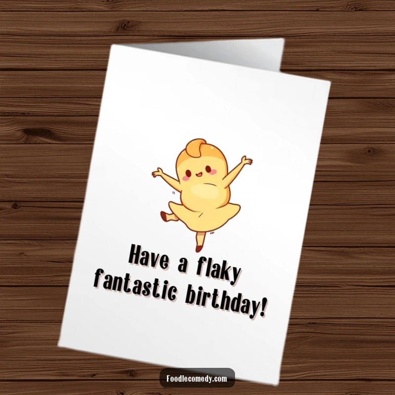 Funny Free Printable Birthday Card: A croissant character performing an exaggerated, flamboyant ballet leap.