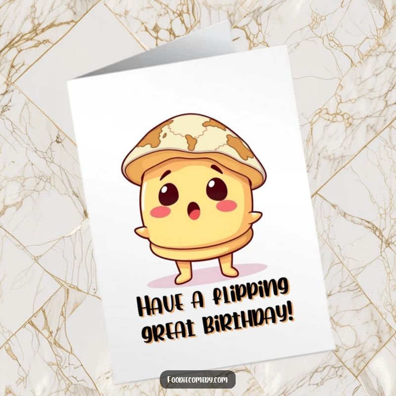 Funny Free Printable Birthday Card: A surprised pancake character comically wearing a map as a hat, ready for adventure.