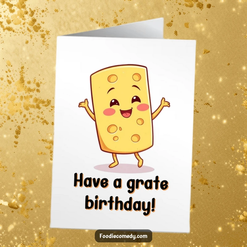 Funny Free Printable Birthday Card: Smiling cheese wedge doing a fun, quirky jig, a delightful dairy character full of happy moves.