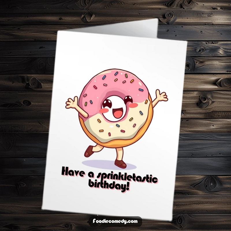 Funny Free Printable Birthday Card: A happy donut busting a move with sprinkles flying during a dance.