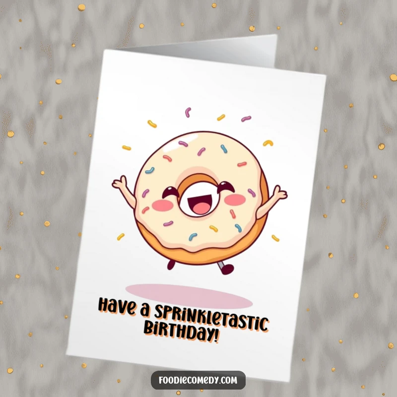 Funny Free Printable Birthday Card: A delighted donut with flying sprinkles performing a joyful leap, celebrating a birthday.