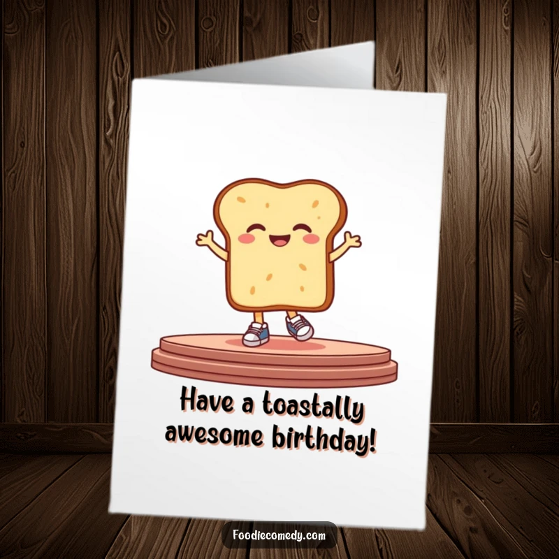 Funny Free Printable birthday card featuring a giggling piece of bread in tiny sneakers hopping on a stage.
