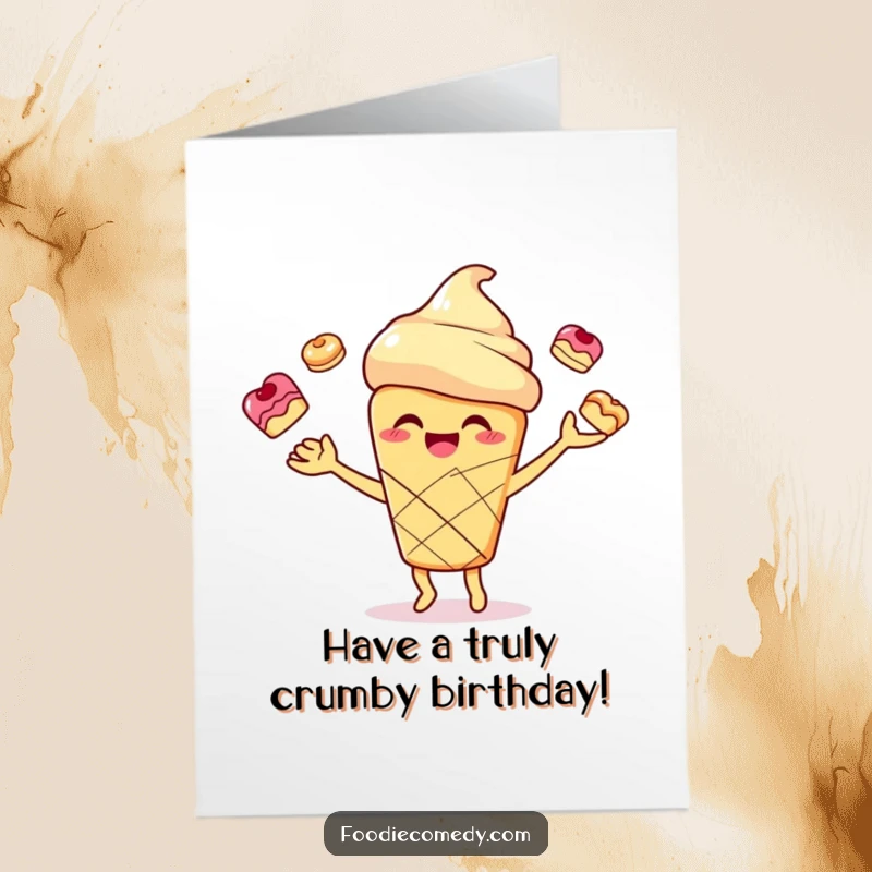 Funny Free Printable Birthday Card of a smiling scone character joyfully juggling tiny pastries, spreading birthday cheer.