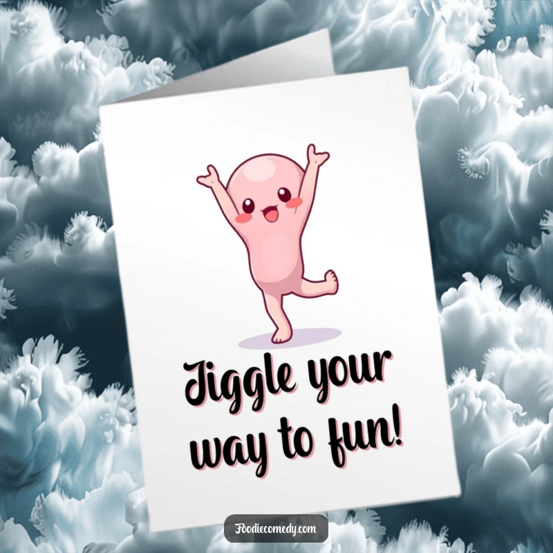Funny Free Printable Birthday Card: A wobbly jelly character hilariously failing at a handstand, perfect for a laugh.