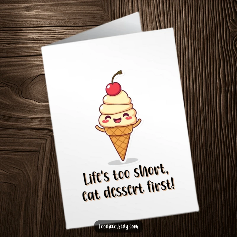 Funny free printable birthday card: a giggling ice cream cone with a cherry on top, spinning with pure delight.