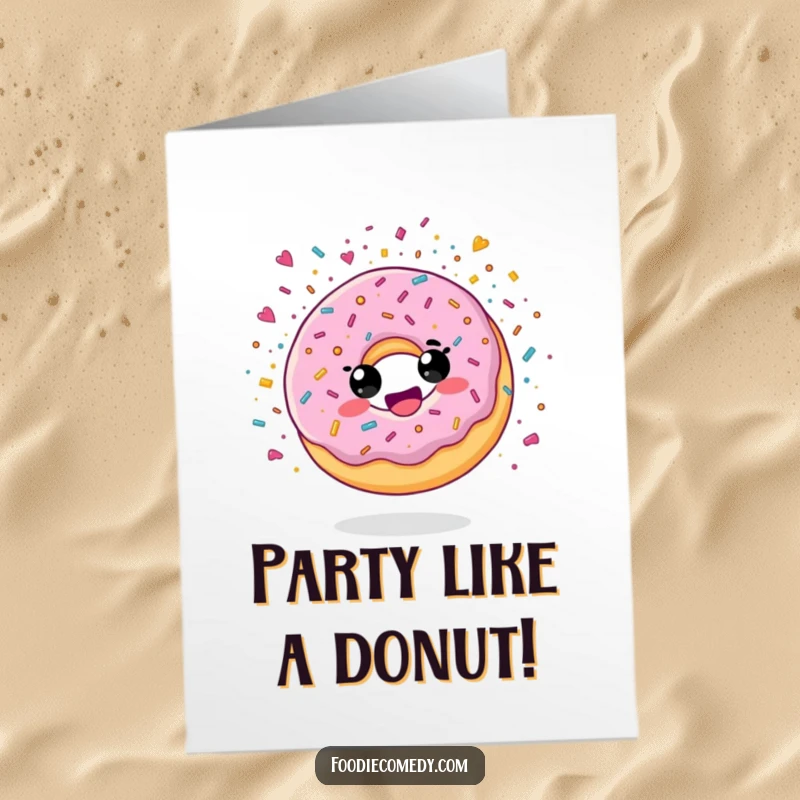 Funny Free Printable Birthday Card: a delighted donut character bursting with colorful sugary confetti.