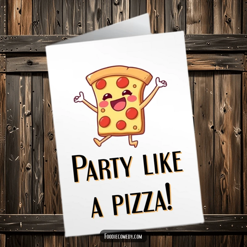Funny Free Printable Birthday Card: A pizza slice with legs kicking in a joyful dance, celebrating with energetic fun.
