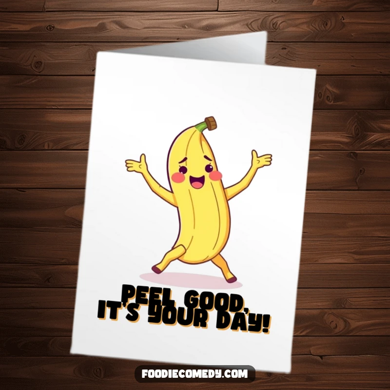 Funny Free Printable Happy Birthday Card: A joyful banana peel attempting a clumsy breakdance move, ready for birthday fun.