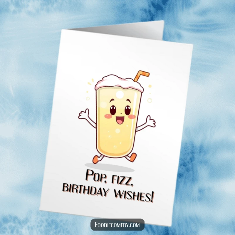 Funny Free Printable Birthday Card: Bubbly beverage doing a joyful little hop, full of festive bubbles. An energetic and cheerful design.