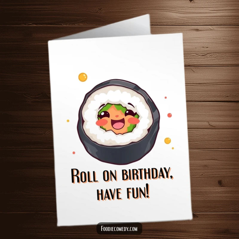 Funny Free Printable Birthday Card: A sushi roll twirling with pure joy, celebrating a birthday.