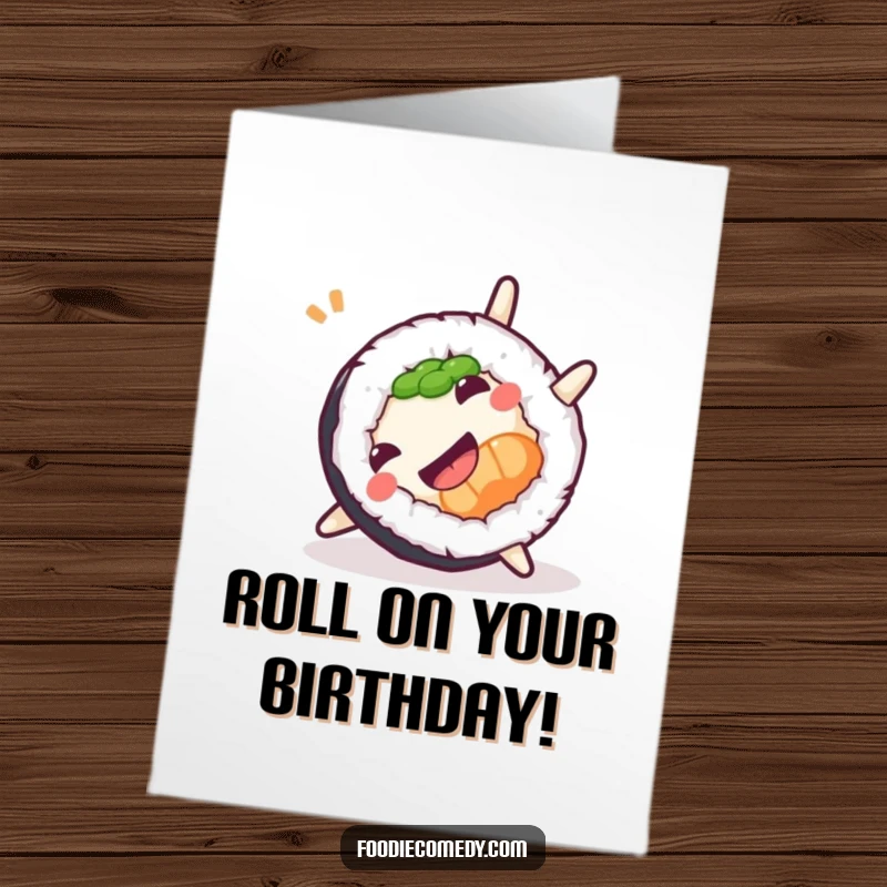 Funny Free Printable Birthday Card: A cheerful sushi roll performs a playful somersault with enthusiasm.