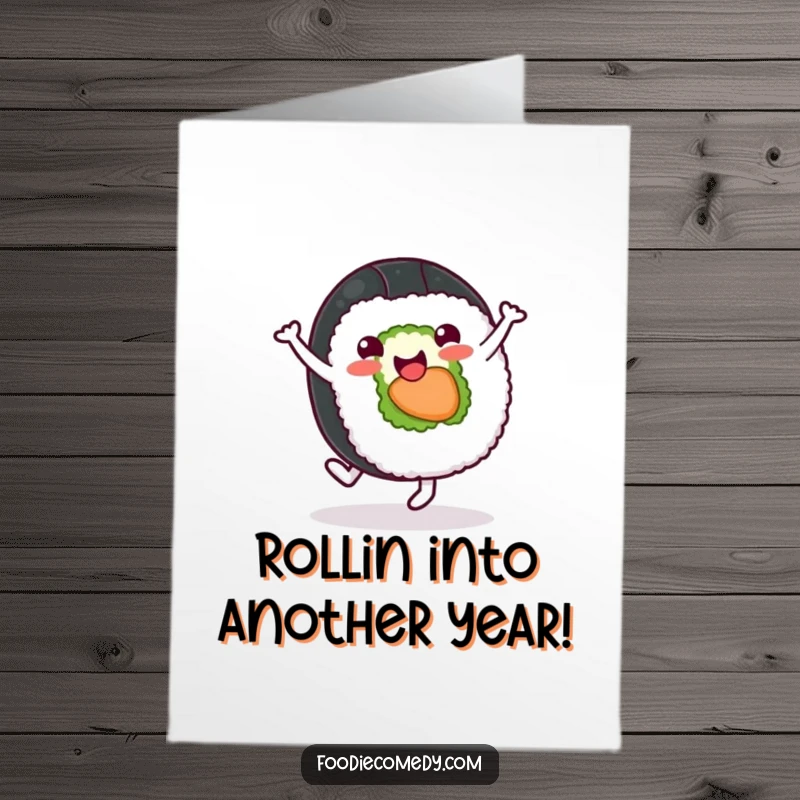 Funny Free Printable Birthday Card showing a cheerful sushi roll character performing a lively cartwheel, celebrating with energetic sushi flair.
