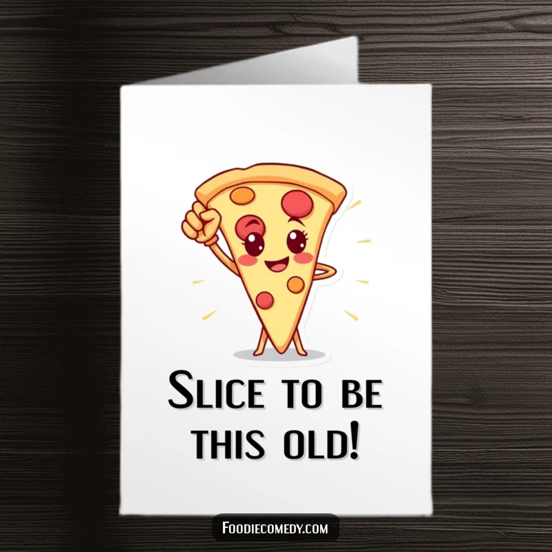 Funny Free Printable Birthday Card featuring a heroic pizza slice striking a proud, powerful pose with a cape.