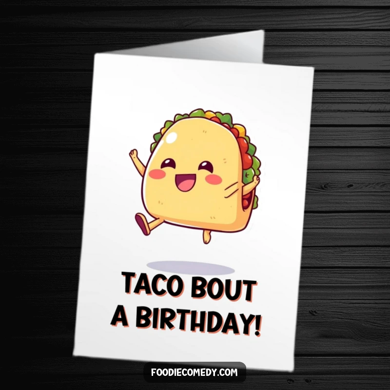 Funny Free Printable Birthday Card: A cheerful taco with stubby legs jumping joyfully in the air for a birthday fiesta.