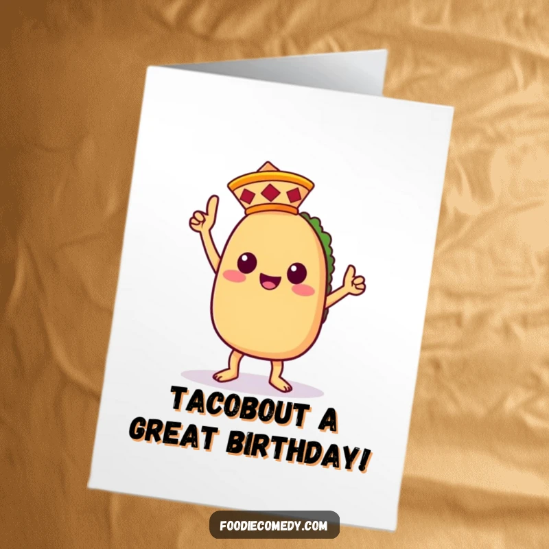 Funny Free Printable Birthday Card featuring a Kawaii taco doing a victory dance in a tiny sombrero, ready to party.