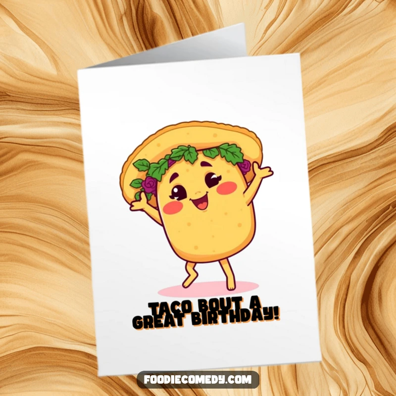 Funny Free Printable Birthday Card: A happy taco energetically salsa dances with a playful wink, celebrating life.