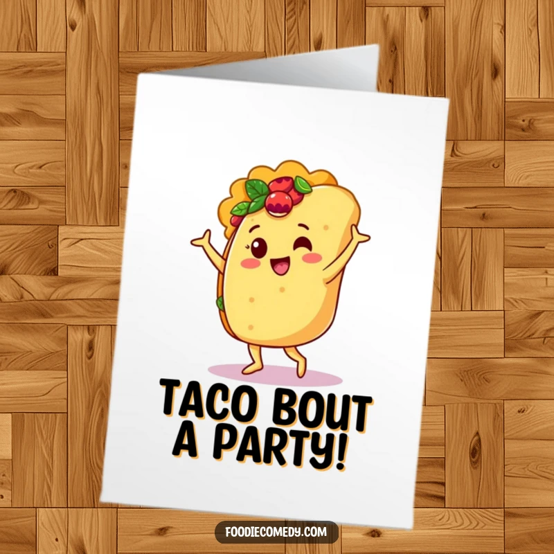 Funny Free Printable Birthday Card: A jubilant taco energetically salsa dancing with a sombrero, ready to spice up celebrations.