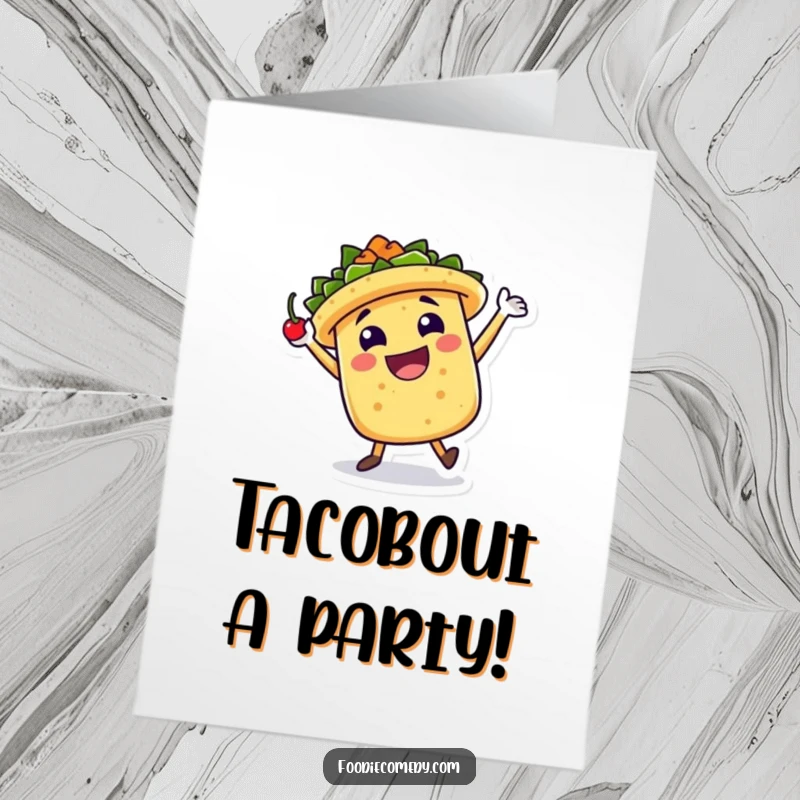 Funny Free Printable Birthday Card: A happy taco character doing a celebratory jig with a chili pepper, spreading joy.