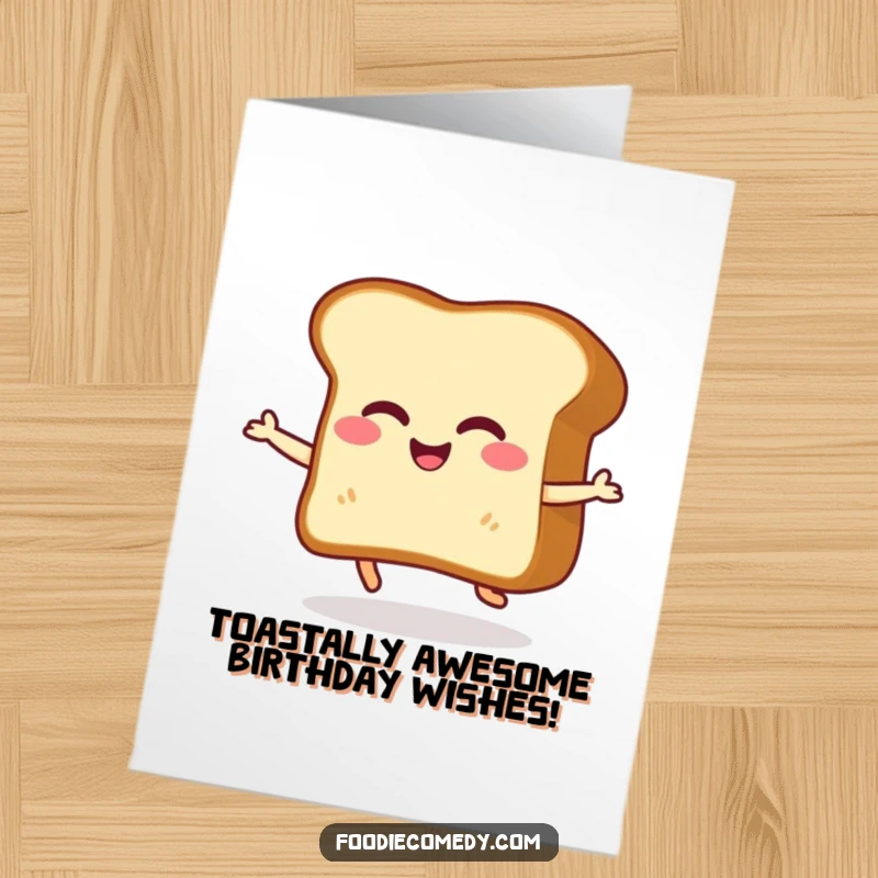 Funny Free Printable Birthday Card featuring a giggling slice of toast doing a happy little shuffle, perfect for a cheerful greeting.
