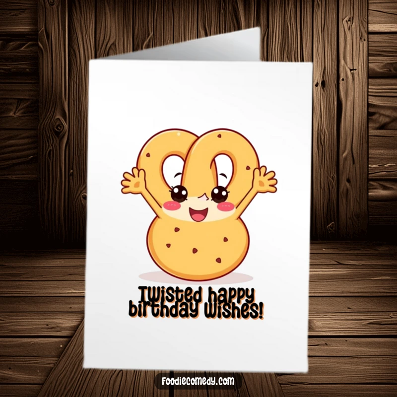 Funny Free Printable Birthday Card featuring a joyful pretzel with arms boogying enthusiastically.