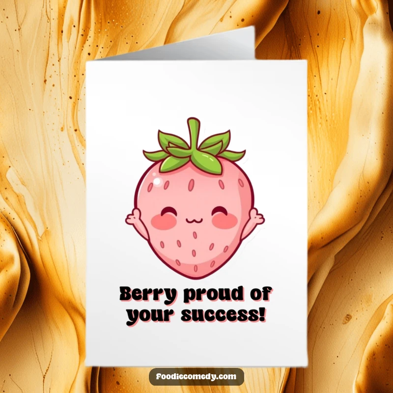 Funny Free Printable Congratulations Card: A blushing strawberry with tiny arms waving hello, full of shy joy.