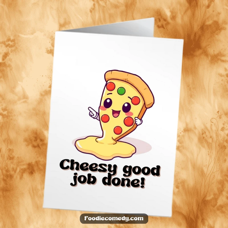 Funny Free Printable Congratulations Card: Kawaii pizza slice pointing excitedly at a large, dripping cheese pool.