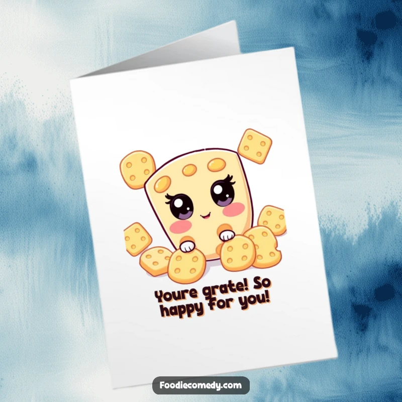 Funny Free Printable Congratulations Card: Cute kawaii cheese character hiding playfully, ready to share good news.