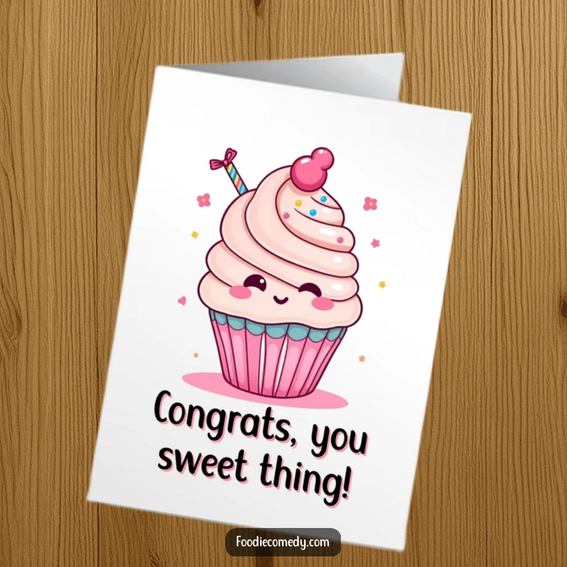 Funny Free Printable Congratulations Card: A kawaii cupcake character blowing enthusiastically on a party favor streamer.