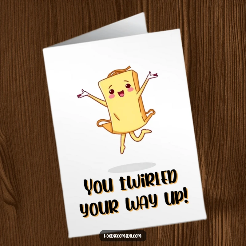Funny free printable congratulations card: A pasta strand executing a determined ballet leap, showcasing grace and accomplishment.