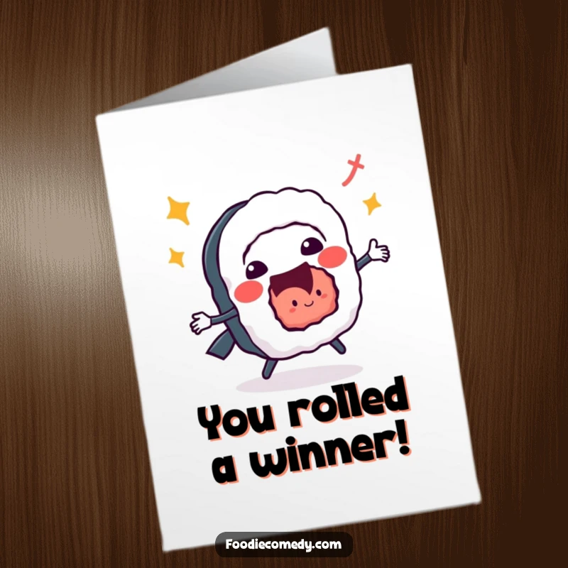 Funny free printable congratulations card: A cheerful sushi roll performs a lively jitterbug, celebrating your success with delicious flair.