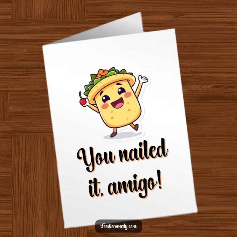 Funny Free Printable Congratulations Card: A joyful taco character having a celebratory jig with a chili pepper, celebrating success.