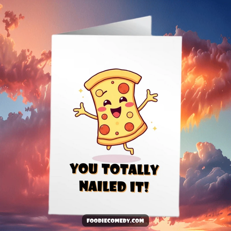 Funny Free Printable Congratulations Card: Pizza slice in disco pose, celebrating success with infectious enthusiasm.